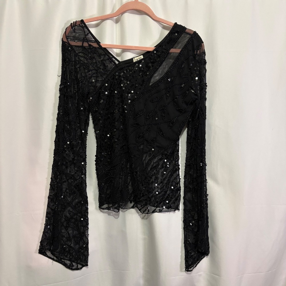 Vintage Cache Black Beaded Sequin Mesh Top Y2K Whimsigoth Bell Sleeve Medium